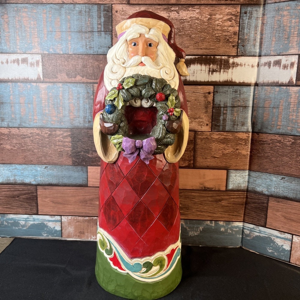 2019- Jim Shore 20.5" Folk Art Santa Statue  - Wreath- Tea Light Candle Holder-